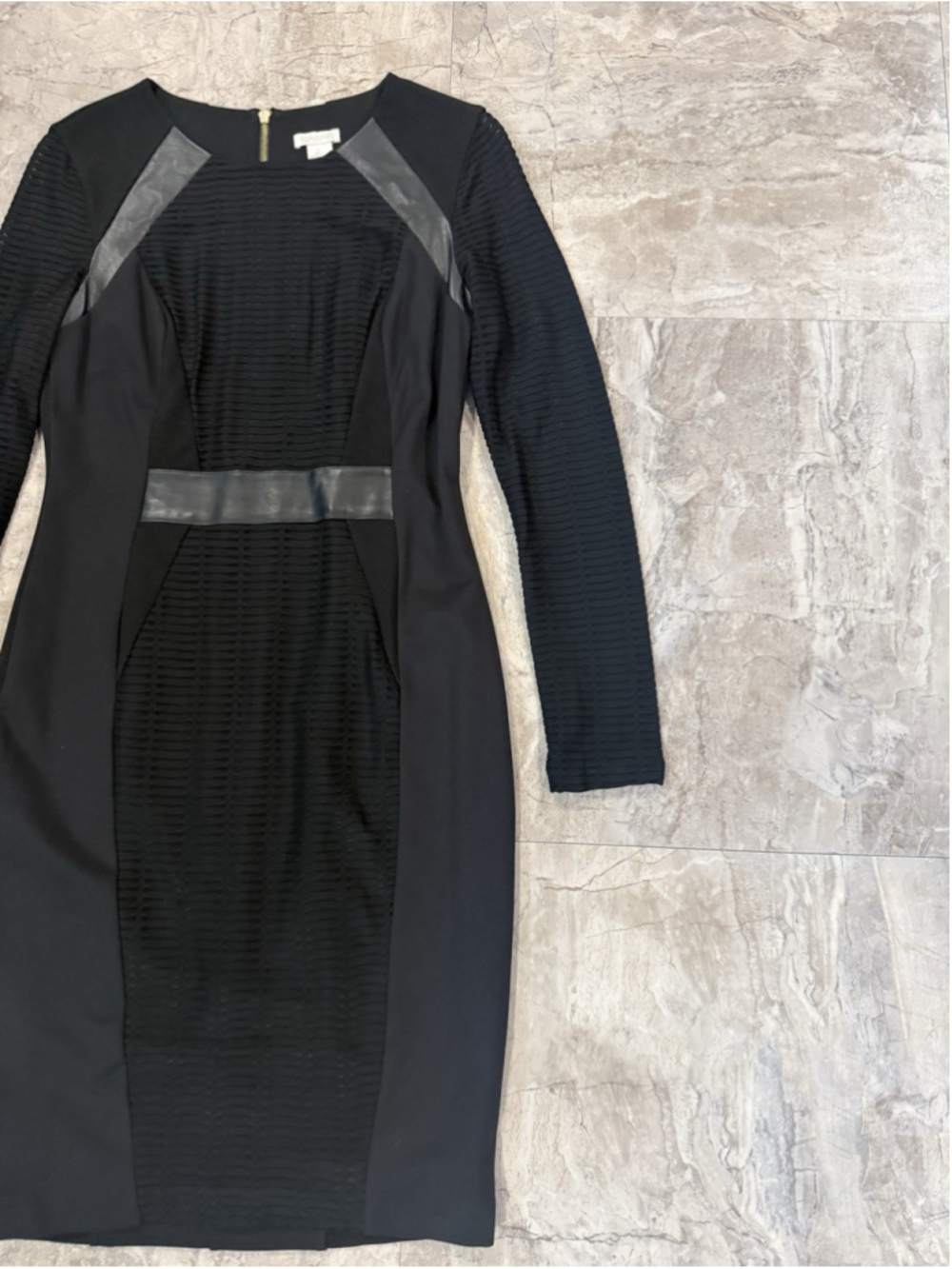 VTG Y2K Cache Black Bodycon Ribbed Dress Sheer Sleeves Sz 6 Faux Leather